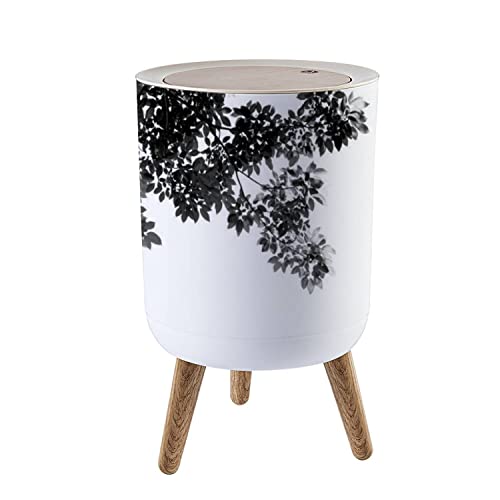 SHL96PZGX Small Trash Can with Lid Black Leafs in Summer on Blue Sky with Burst Light with Wood Legs Wastebasket Simple Human Round Garbage Bin for Kitchen, Bathroom, 1.8 Gallon - 7L