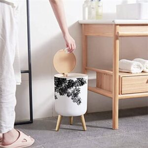 SHL96PZGX Small Trash Can with Lid Black Leafs in Summer on Blue Sky with Burst Light with Wood Legs Wastebasket Simple Human Round Garbage Bin for Kitchen, Bathroom, 1.8 Gallon - 7L