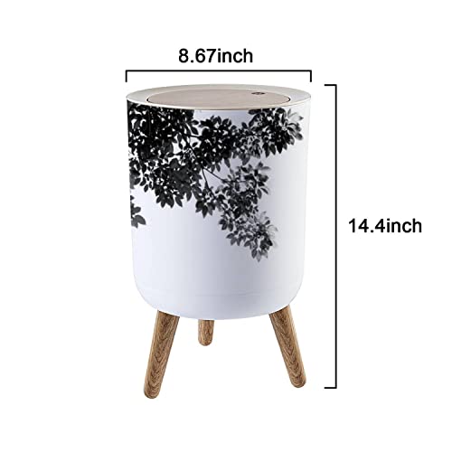 SHL96PZGX Small Trash Can with Lid Black Leafs in Summer on Blue Sky with Burst Light with Wood Legs Wastebasket Simple Human Round Garbage Bin for Kitchen, Bathroom, 1.8 Gallon - 7L