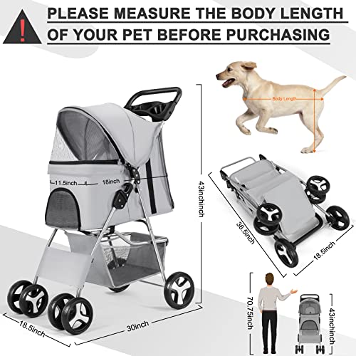 Wedyvko Pet Dog Stroller, 4 Wheel Foldable Cat Dog Stroller with Storage Basket, Handle 360° Front Wheel Rear Wheel with Brake for Small Medium Dogs & Cats (Gray)
