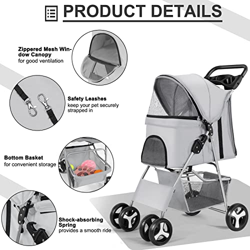 Wedyvko Pet Dog Stroller, 4 Wheel Foldable Cat Dog Stroller with Storage Basket, Handle 360° Front Wheel Rear Wheel with Brake for Small Medium Dogs & Cats (Gray)