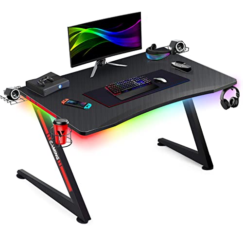 GTRACING Gaming Desk with Led Strip Lights, 44 Inch Ergonomic Z-Shaped Carbon Fiber Surface Computer Gaming Table for PC, Home Office Gamer Desk with Cup Holder, Speaker Holders and Headphone Hook