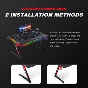 GTRACING Gaming Desk with Led Strip Lights, 44 Inch Ergonomic Z-Shaped Carbon Fiber Surface Computer Gaming Table for PC, Home Office Gamer Desk with Cup Holder, Speaker Holders and Headphone Hook