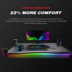 GTRACING Gaming Desk with Led Strip Lights, 44 Inch Ergonomic Z-Shaped Carbon Fiber Surface Computer Gaming Table for PC, Home Office Gamer Desk with Cup Holder, Speaker Holders and Headphone Hook