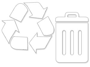 white vinyl recycle and trash bin sticker (decal weatherproof for trash cans, garbage receptacles bins (2.5 x 2.5 inches)