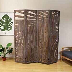 Proman Products Palm Spring 4-Panel Folding Screen Room Divider FS37151 Made in Natural Paulownia Wood, Carbonized Finish, 60" W x 67" H x 1" D (Max Extend), 15" W x 67" (Per Panel), Smoked Brown