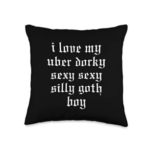 matching couples cute emo tattoo humorous script i love my uber dorky sexy silly goth boy funny emo nerd throw pillow, 16x16, multicolor