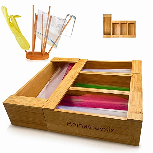 Homestaysis Premium Bamboo Ziplock Bag Storage Organizer for Kitchen Drawer, 4 Separate Box Organizer w/Plastic Bag Drying Rack, Baggie Holder Dispenser Compatible w/Gallon, Quart, Sandwich