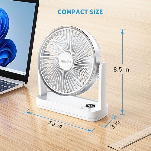 Aluan Desk Fan, 7200mAh Rechargeable Battery Operated Small Personal Table Fan Quiet 4 Speeds Strong Wind Desktop Cooling Fan 180° Adjustment for Home Bedroom Office, White