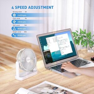 Aluan Desk Fan, 7200mAh Rechargeable Battery Operated Small Personal Table Fan Quiet 4 Speeds Strong Wind Desktop Cooling Fan 180° Adjustment for Home Bedroom Office, White