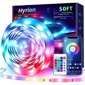 50 ft/15m bluetooth led strip lights, rgb 5050 led light strips with bright 300 leds, sync music color changing flexible cuttable led lights for bedroom,ceiling,party(app+ 24 key remote+50ft)