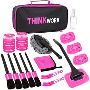 thinkwork pink car duster interior kit, perfect car detailing kit, car detailing brush kit for cleaning windows,windshield,dashboard and air vents suitable for all cars