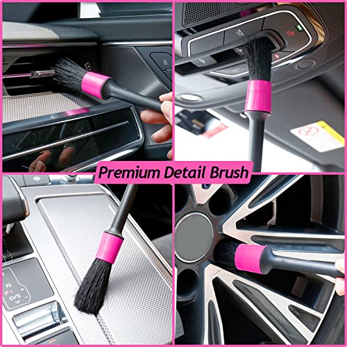 THINKWORK Pink Car Duster Interior Kit, Perfect Car Detailing Kit, Car Detailing Brush Kit for Cleaning Windows,Windshield,Dashboard and Air Vents Suitable for All Cars