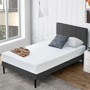 s secretland twin bed with upholstered headboard, platform bed frame with sturdy wood slat support, single bed, no box spring needed, no squeak, under bed storage, easy assembly, grey