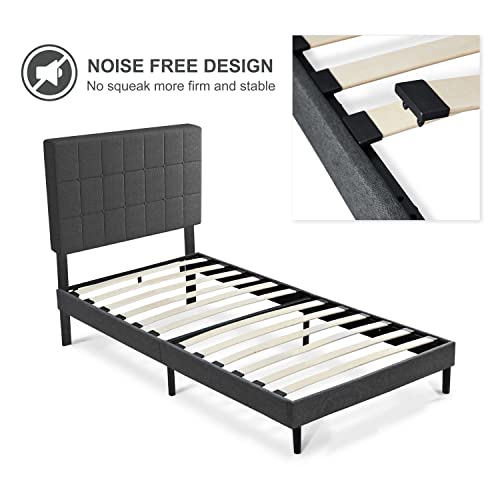 S SECRETLAND Twin Bed with Upholstered Headboard, Platform Bed Frame with Sturdy Wood Slat Support, Single Bed, No Box Spring Needed, No Squeak, Under Bed Storage, Easy Assembly, Grey