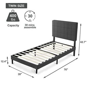 S SECRETLAND Twin Bed with Upholstered Headboard, Platform Bed Frame with Sturdy Wood Slat Support, Single Bed, No Box Spring Needed, No Squeak, Under Bed Storage, Easy Assembly, Grey