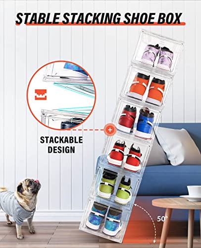 Shoe Storage Box, Clear Shoe Storage Boxes Stackable with Lids Magnetic Door, Front Opening Sneaker Storage Shoe Box for Women/Men