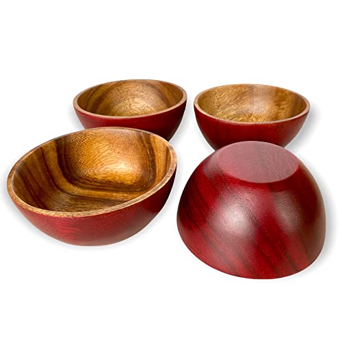 WRIGHTMART Wood Bowl, Set of 4 for Food, Salad, Snacks, Appetizers, Candy, Nut Mixes, Rustic Durable Hand Crafted Acacia Serveware, 5” diameter, Natural Finish, Red Wash Exterior