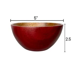 WRIGHTMART Wood Bowl, Set of 4 for Food, Salad, Snacks, Appetizers, Candy, Nut Mixes, Rustic Durable Hand Crafted Acacia Serveware, 5” diameter, Natural Finish, Red Wash Exterior