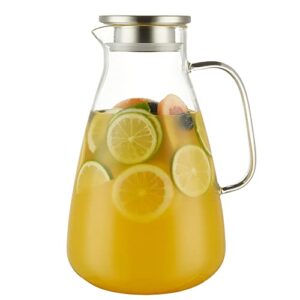purefold glass pitcher with lid, large iced tea water pitcher, easy clean heat resistant borosilicate glass jug with stainless steel lid for juice, milk, cold or hot beverages - 100oz
