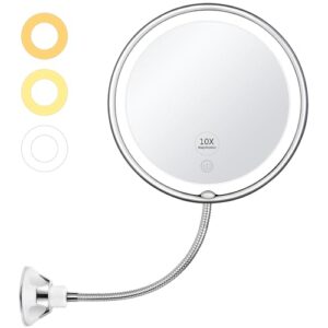 kedsum lighted makeup mirror, 10x magnifying makeup mirror with suction cups, upgraded 3 colors & dimming lights, 360° swivel flexible mirror, magnifying travel vanity mirror for bathroom shaving