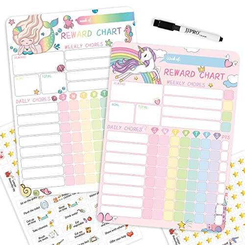 Magnetic Dry Erase Chore Chart for Two Kids, Reward Chart for Kids Behavior. Includes 52 Static Tasks, 126 Golden Stars and Unicorn & Iridescent Mermaid Magnetic Charts Each