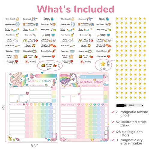 Magnetic Dry Erase Chore Chart for Two Kids, Reward Chart for Kids Behavior. Includes 52 Static Tasks, 126 Golden Stars and Unicorn & Iridescent Mermaid Magnetic Charts Each