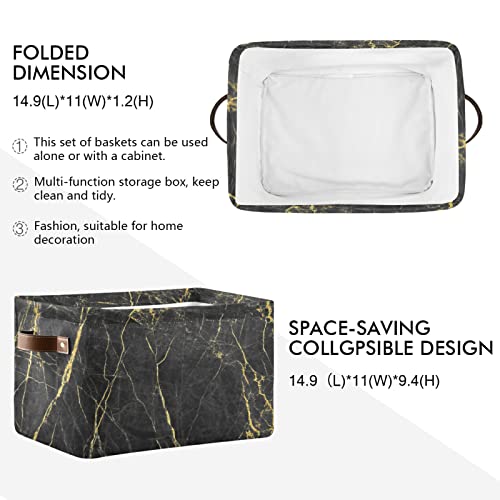 WELLDAY 2PCS Storage Basket Black Gold Marble Pattern Large Foldable Storage Bin Cube Collapsible Organizer