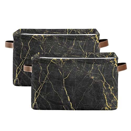 WELLDAY 2PCS Storage Basket Black Gold Marble Pattern Large Foldable Storage Bin Cube Collapsible Organizer