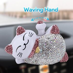 4.13×2.36×2.76in Solar Feng Shui Lucky Cat Rhinestone PVC Material Japanese Maneki Neko Waving Hand Fortune Cat for Car Interior Decoration Desktop Ornaments,Bring Good Luck Wealth (Pink)