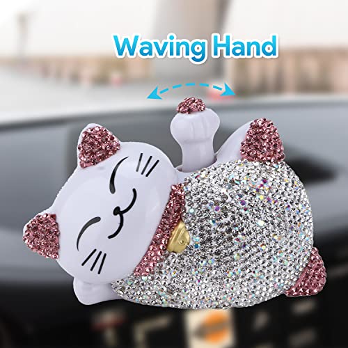 4.13×2.36×2.76in Solar Feng Shui Lucky Cat Rhinestone PVC Material Japanese Maneki Neko Waving Hand Fortune Cat for Car Interior Decoration Desktop Ornaments,Bring Good Luck Wealth (Pink)