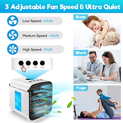 Portable Air Conditioner Fan, Portable AC Evaporative Air Cooler Humidifier with 7 Colors 3 Speeds, Personal Air Cooling Fan for Bedroom Office Living Room Dorm Camping