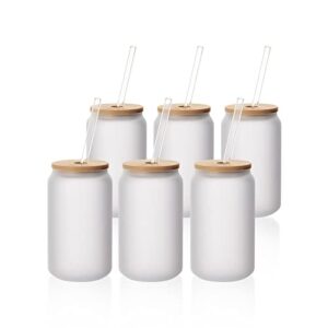 pyd life sublimation glass cans blanks frosted 13 oz with bamboo lid and clear glass straw wide mouth jar tumbler cups mugs for iced coffee,juice,soda,drinks 6 pack