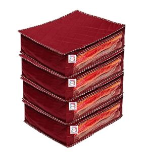atorakushon fabric foldable saree covers garments clothes storage bag wardrobe organizers with double zip lock for lehenga suit dress accessories 4 pieces maroon