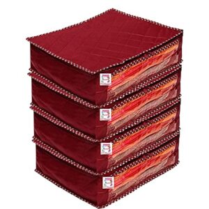 atorakushon Fabric Foldable Saree Covers Garments Clothes Storage Bag Wardrobe Organizers With Double Zip Lock For Lehenga Suit Dress Accessories 4 Pieces Maroon