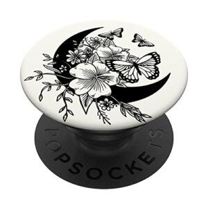 floral white black butterfly crescent moon flower popsockets swappable popgrip