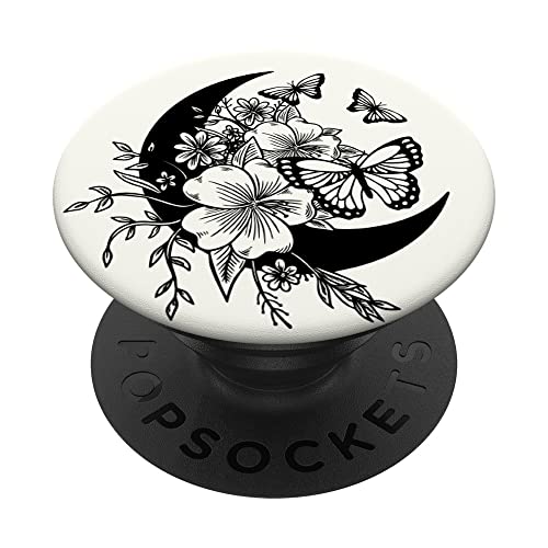 Floral White Black Butterfly Crescent Moon Flower PopSockets Swappable PopGrip