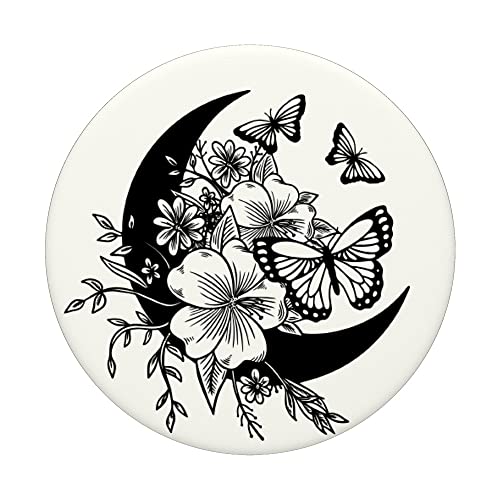 Floral White Black Butterfly Crescent Moon Flower PopSockets Swappable PopGrip