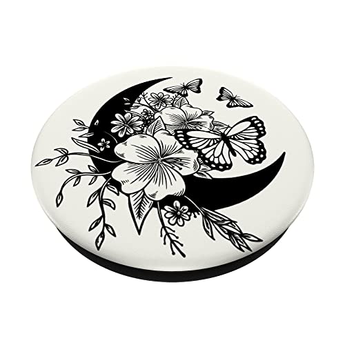 Floral White Black Butterfly Crescent Moon Flower PopSockets Swappable PopGrip