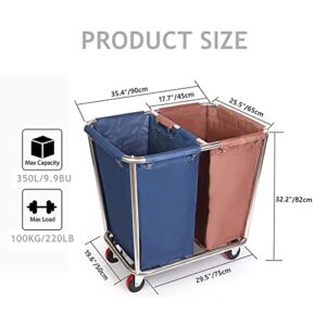 tonchean Rolling Laundry Sorter Cart 2 Bag, Commercial Laundry Hamper Basket Cart with Heavy Duty Lockable Wheels and Removable Bags Industrial Laundry Trolley Cart for Clothes Storage