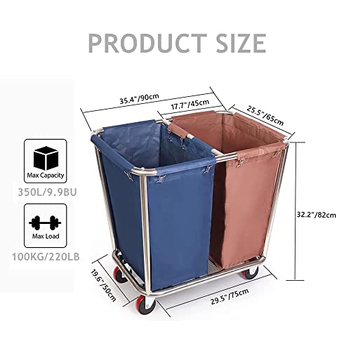 tonchean Rolling Laundry Sorter Cart 2 Bag, Commercial Laundry Hamper Basket Cart with Heavy Duty Lockable Wheels and Removable Bags Industrial Laundry Trolley Cart for Clothes Storage