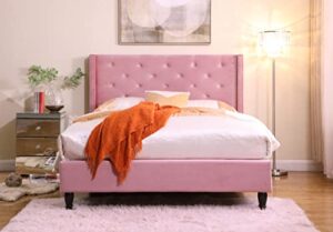 oliver & smith astor - upholstered 51" tall headboard tufted suede velour platform bed/mattress foundation/wood slat support/no box spring needed/easy assembly/pink/full