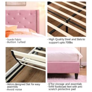 Oliver & Smith Astor - Upholstered 51" Tall Headboard Tufted Suede Velour Platform Bed/Mattress Foundation/Wood Slat Support/No Box Spring Needed/Easy Assembly/Pink/Full