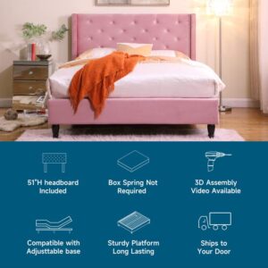 Oliver & Smith Astor - Upholstered 51" Tall Headboard Tufted Suede Velour Platform Bed/Mattress Foundation/Wood Slat Support/No Box Spring Needed/Easy Assembly/Pink/Full