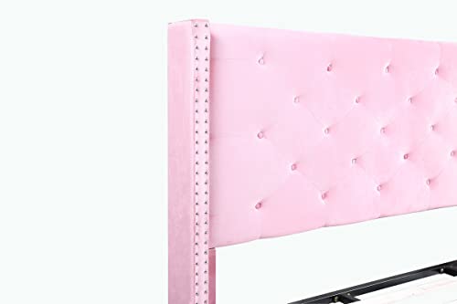 Oliver & Smith Astor - Upholstered 51" Tall Headboard Tufted Suede Velour Platform Bed/Mattress Foundation/Wood Slat Support/No Box Spring Needed/Easy Assembly/Pink/Full