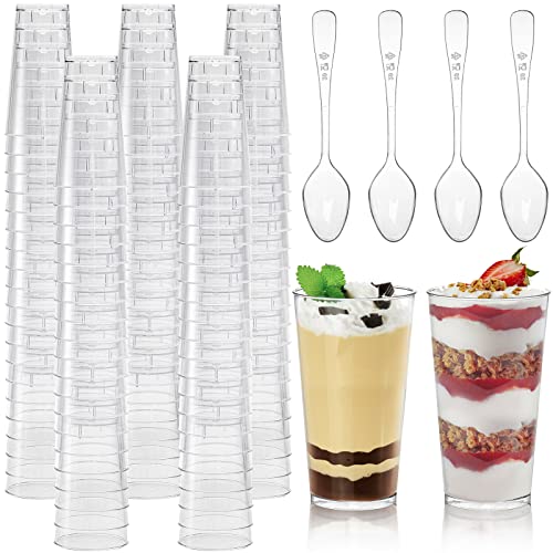 Peohud 100 Pack 3oz Plastic Dessert Cups with Spoons, Mini Dessert Shooter Cups, Disposable Parfait Appetizer Cups Shot Glasses for Desserts, Pudding, Event and Party