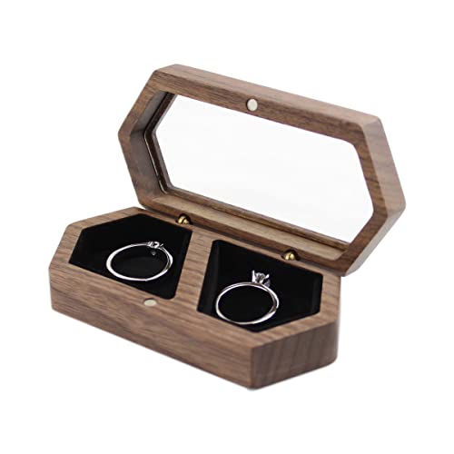 Wooden Ring Box Transparent Lid Couple Rings Box for Engagement Wedding Box Two Slots Black Velvet Small Jewelry Box for Stud Earrings Bracelet Necklace