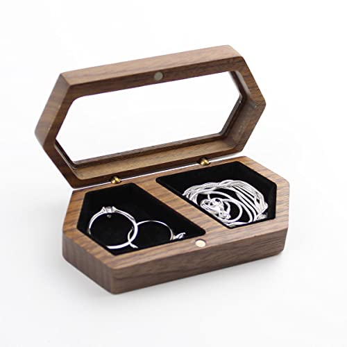 Wooden Ring Box Transparent Lid Couple Rings Box for Engagement Wedding Box Two Slots Black Velvet Small Jewelry Box for Stud Earrings Bracelet Necklace