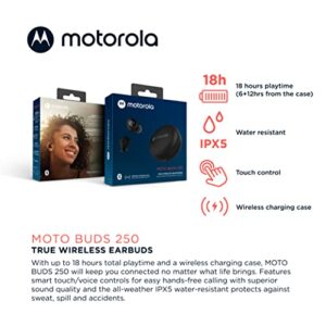 Motorola Moto Buds 250-True Wireless Bluetooth Earbuds with Microphone and Wireless Charging Case - IPX5 Water Resistant, Smart Touch-Control, Lightweight Comfort-Fit, Clear Sound, Deep Bass - Black