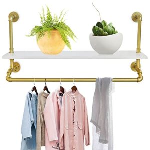 Wall-Mounted Garment Rack ,Modern Simple Clothing Store Heavy Metal Display Stand Garment Bar,Clothes Rail,Bathroom Hanging Towel Rack,Multi-purpose Hanging Rod for Closet Storage (Gold Square Tube W/Shelf ,39.37"L)